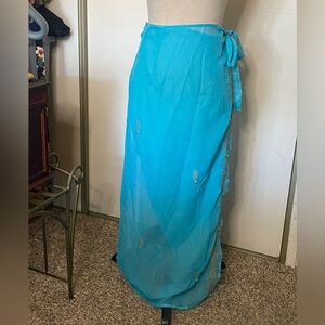 Turquoise Sheer bathing suit cover up with Gold Embroidery. Wrap